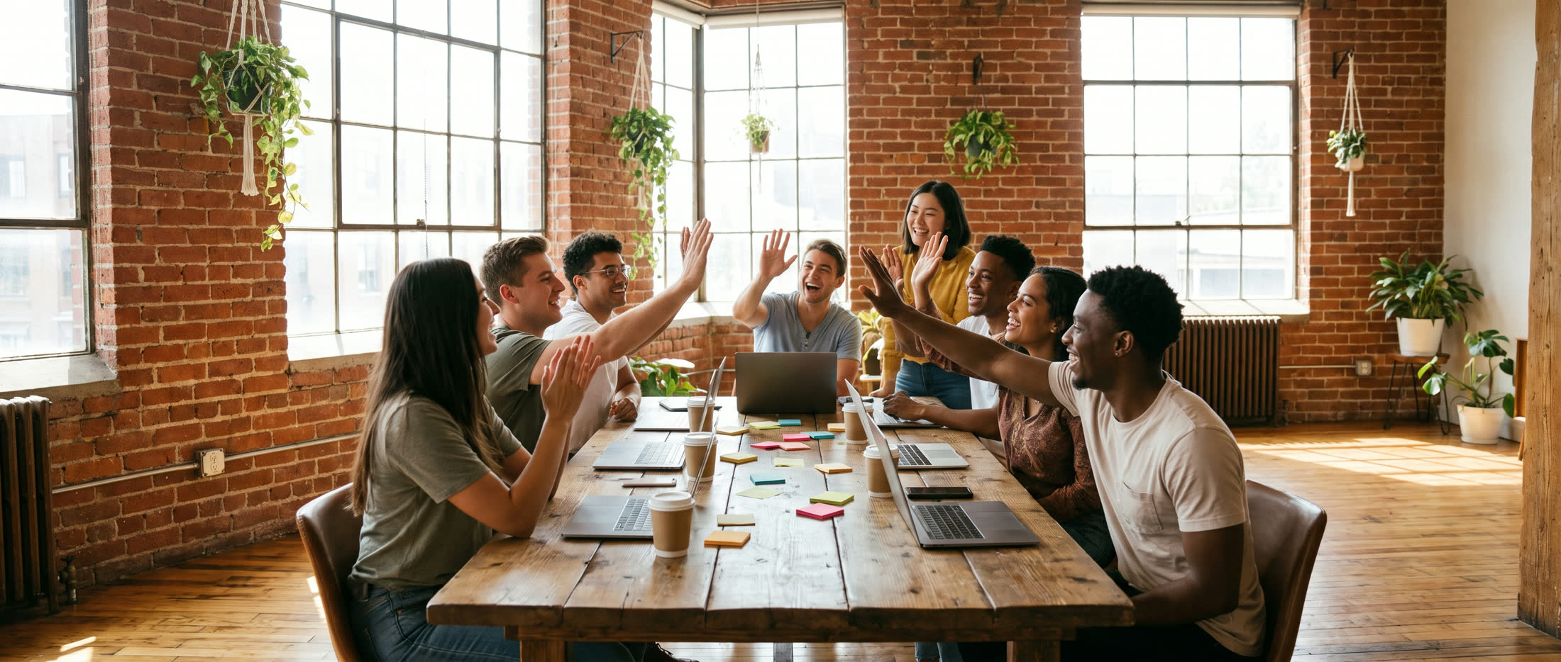 A startup team celebrating in a bright loft office