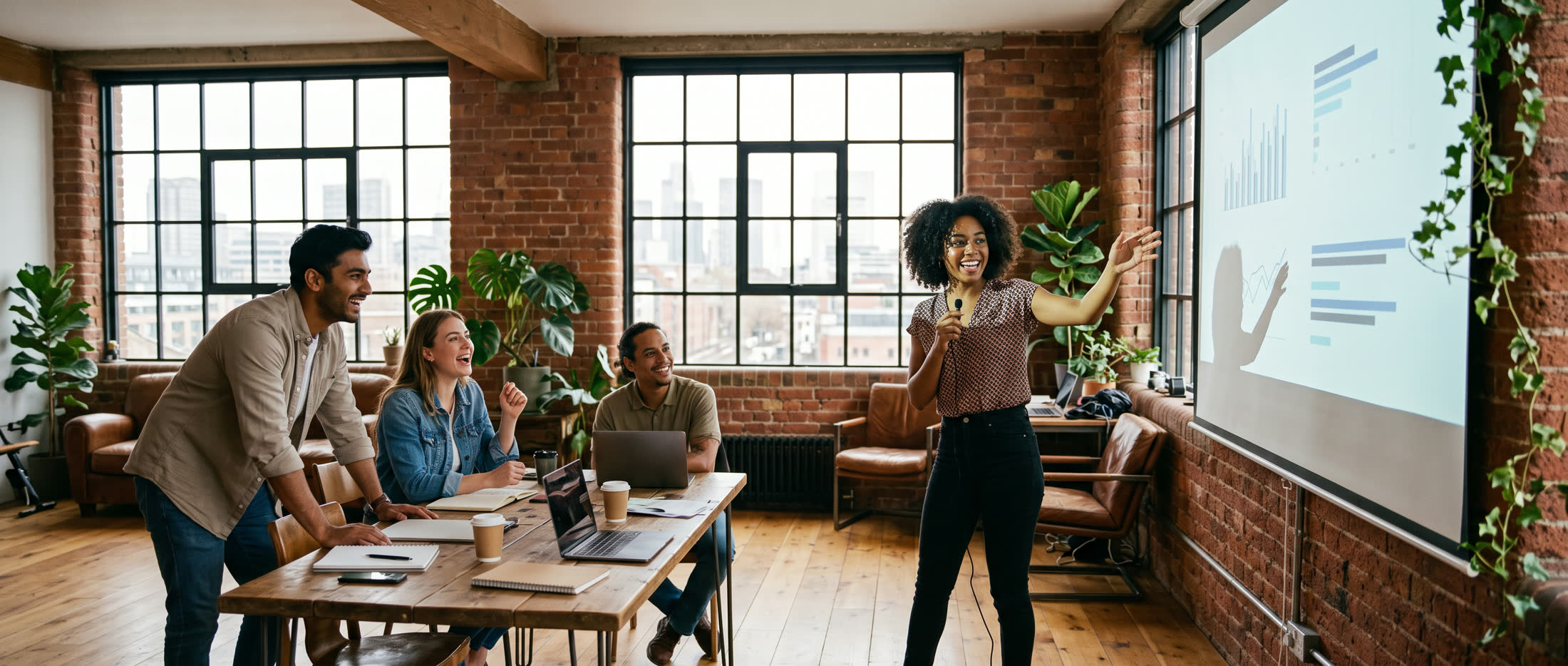 A founder pitching with real energy in a bright loft studio